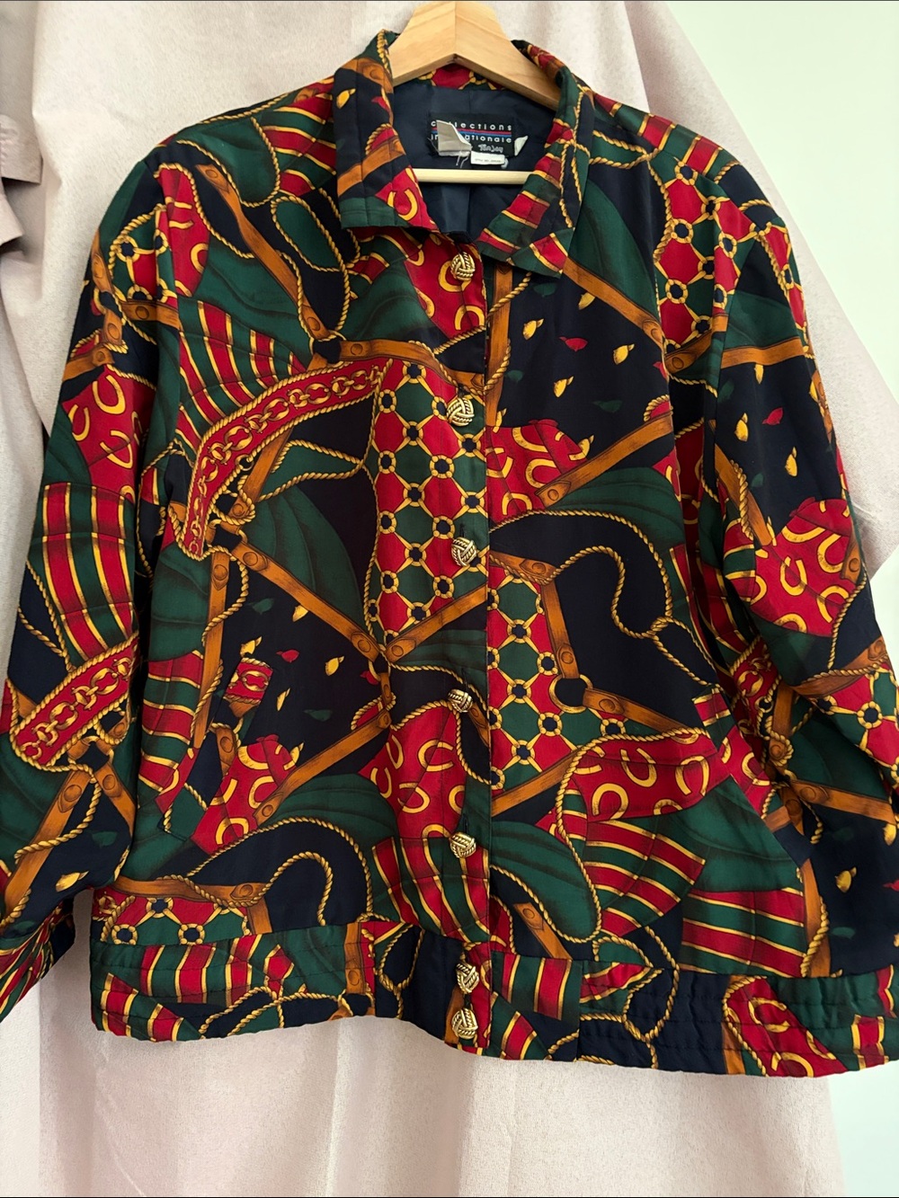 Vintage silk -Printed Button-Front Jacket - Green/Red/navy